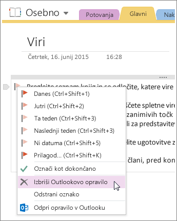 Posnetek zaslona, kako izbrisati Outlookovo opravilo v programu OneNote 2016.
