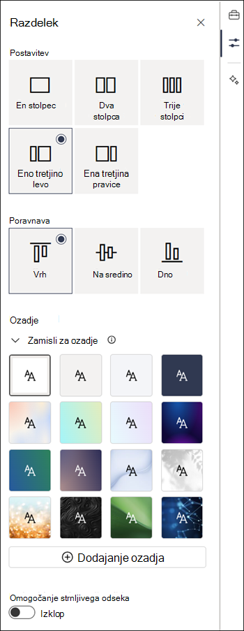 Podokno »Lastnosti« za razdelek