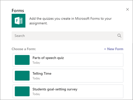 Izberite preskus znanja v aplikaciji Forms, ki ga želite dodati nalogi
