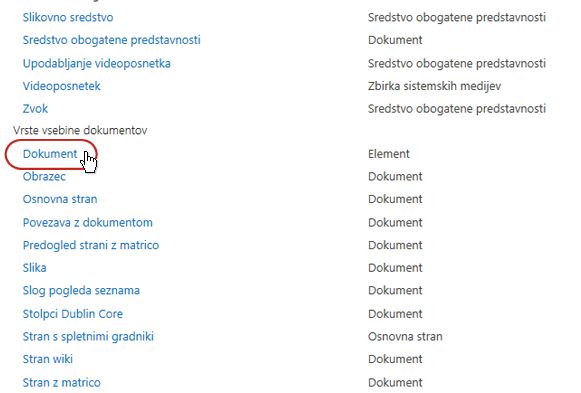 Vrste vsebine dokumenta z označeno vrsto