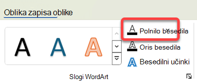 Če želite spremeniti barvo WordArta, jo izberite, nato pa na zavihku Oblika oblike izberite Polnilo besedila.