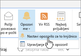 Zavihek »Knjižnica« z označeno možnostjo »Nastavi opozorilo za to knjižnico«