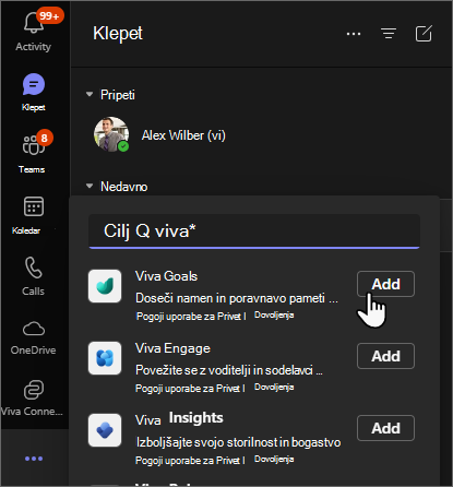 Posnetek zaslona aplikacije Teams z izbranimi tri pike in Viva Goals v iskalno vrstico.