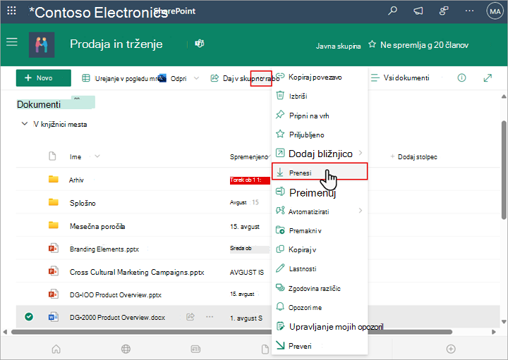 Uporabite ukaz za prenos v SharePointu, da prenesete in shranite lokalno kopijo datoteke ali mape.