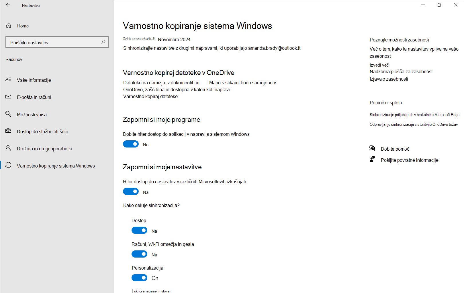 Posnetek zaslona z nastavitvami varnostnega kopiranja sistema Windows Windows 10.