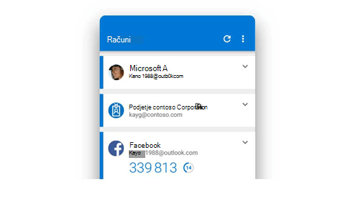 Aplikacija Microsoft Authenticator, ki prikazuje več računov.