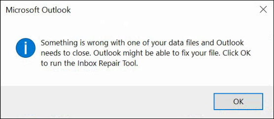 Nekaj je narobe z eno od vaših podatkovnih datotek in Outlook se mora zapreti.