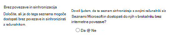 Nastavitev brez povezave in sinhronizacije za sezname