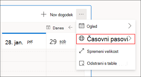 Prikaz pogleda table za časovni pas v Outlookovem spletu
