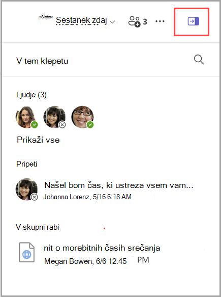 Posnetek zaslona, kako razkrijete podokno z informacijami klepeta, ki vključuje seznam 3 osebe, 1 pripeto sporočilo in 1 dokument v skupni rabi.