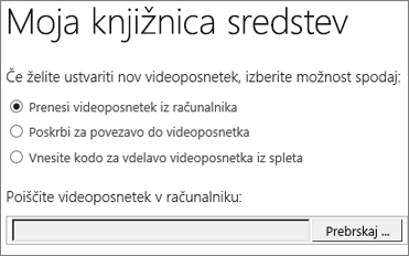 Pogovorno okno »Ustvarjanje novega videoposnetka« z označeno možnostjo »Prenos«