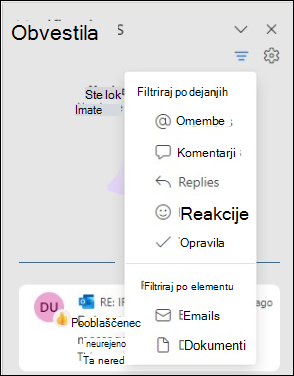 Možnosti filtra obvestil v Outlooku