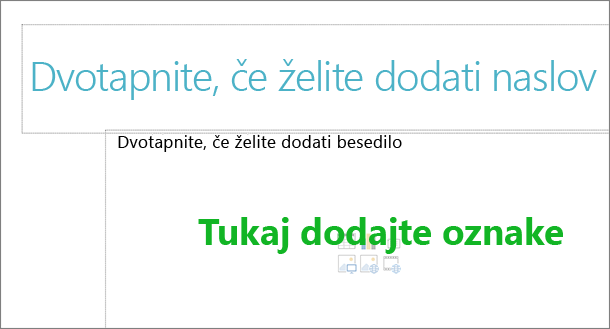 Slika praznega polja z naslovom in praznega polja z besedilom, ki prikazujeta, kje bodo oznake delovale.