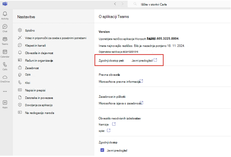 Aktiven predčasni dostop v aplikaciji Teams