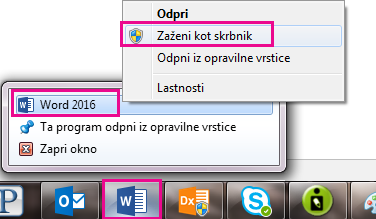 Z desno tipko miške kliknite Wordovo ikono in nato z desno tipko miške znova kliknite Word, da zaženete program kot skrbnik.