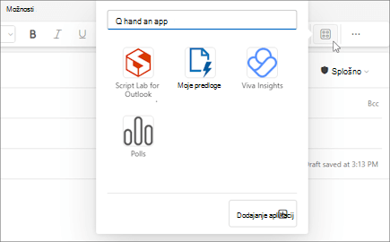 Pojavni meni »Programi« na traku sporočila, ki je sestavljeno Outlook v spletu in novem Outlooku za Windows.