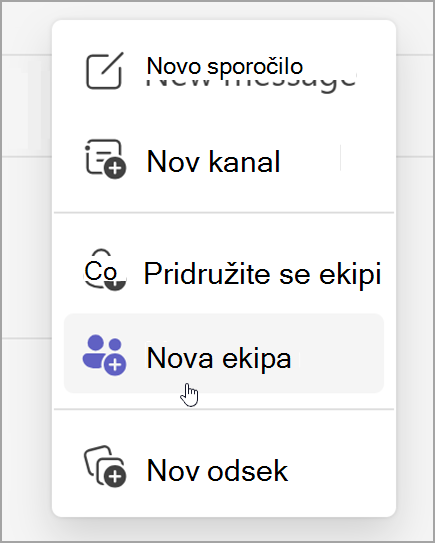 Posnetek zaslona možnosti za ustvarjanje nove skupine. Prikaže se, ko izberete možnost za nove elemente.