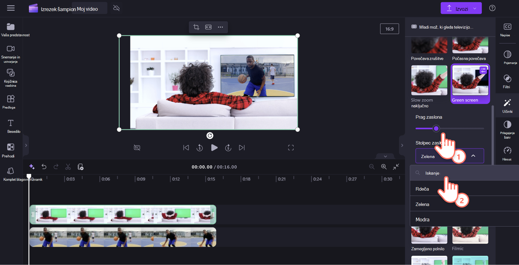 Slika uporabnika aplikacije Clipchamp, ki prilagaja prag zaslona za učinek zelenega zaslona.