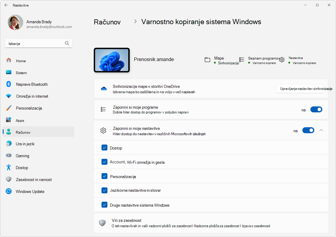 Posnetek zaslona z nastavitvami > računi > varnostno kopiranje sistema Windows v Windows 11.