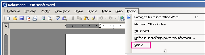 Pomoč > O programu Microsoft Office Word v programu Word 2003