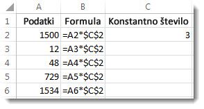 Številke v stolpcu A, formula v stolpcu B z znaki $ in številka 3 v stolpcu C