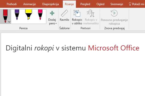 Na PowerPointovem delovnem območju je z digitalnim peresom napisano »Pozdravljeni«.