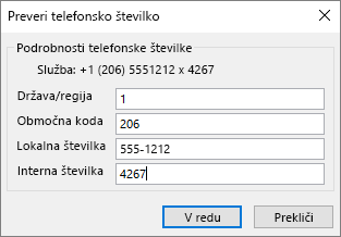 V Outlooku na kartici stika pod razdelkom »Telefonske številke« izberite možnost in po potrebi posodobite pogovorno okno »Preveri telefonsko številko«.