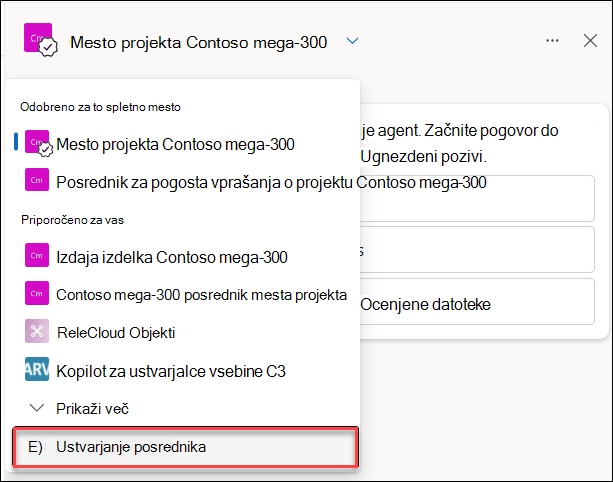 Posnetek zaslona ustvarjanja novega agenta storitve Copilot s podokna klepeta