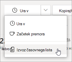 Možnost izvoza časovnega lista v izmenah za izvoz poročila časovnega lista skupine.