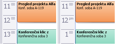 Pogled koledarja s prikazanimi nastavitvami za 24-urno in 12-urno obliko zapisa časa