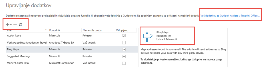 Upravljanje dodatkov v Outlooku