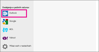 Stran »Dodajte svoj e-poštni račun« v Pošti v sistemu Windows 8