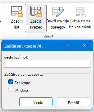 Pogovorno okno »Zaščiti delovni zvezek«