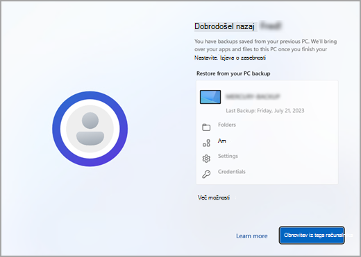 Zaslon za obnovitev varnostnega kopiranja v Windows 11 nastavitvah.