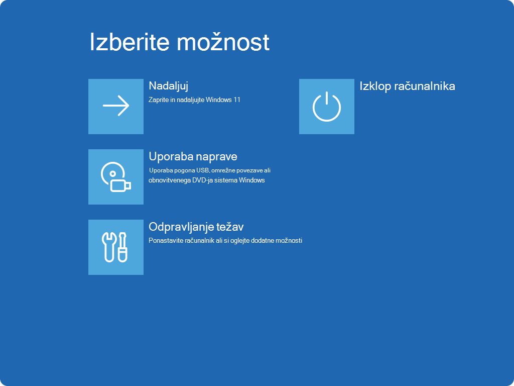 Posnetek zaslona »Izberite možnost« v Windows RE.