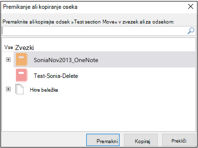Pogovorno okno »Premakni ali kopiraj« v aplikaciji OneNote za Windows 2016