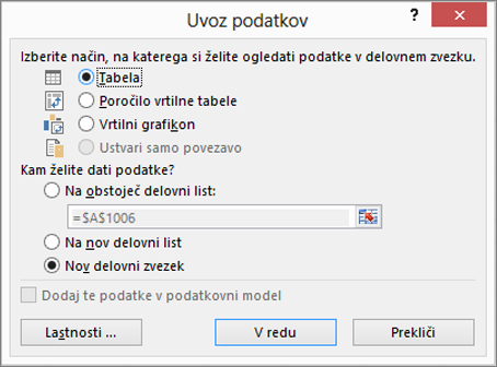 Pogovorno okno »Uvozi podatke« iz programa Excel 2016