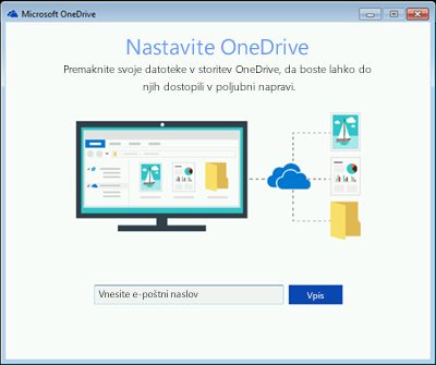 Posnetek zaslona prvega zaslona v nastavitvi storitve OneDrive v sistemu Windows 7