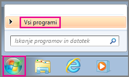 Iskanje Officeovih programov v razdelku »Vsi programi« v sistemu Windows 7
