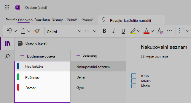 Pogled na spletni uporabniški vmesnik OneNote, ki prikazuje območje vsebine