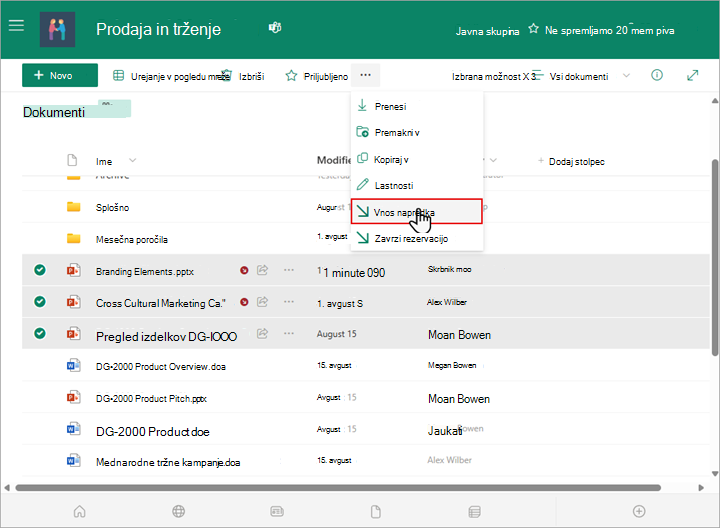 Izberete in odpišete lahko več datotek v SharePointovi knjižnici.