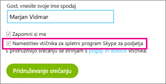 Prepričajte se, da je potrjen vtičnik »Namesti spletni program Skype za podjetja«