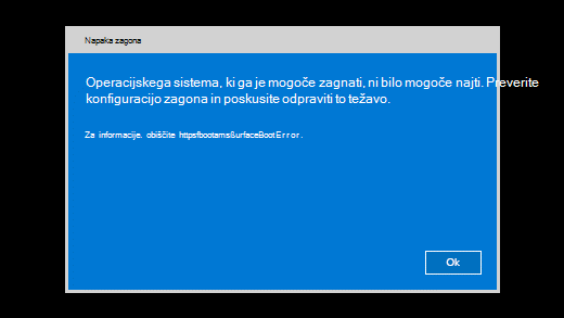 Sporočilo o napaki, ki se prikaže, ko naprava Surface ne najde operacijskega sistema, ki ga je mogoče zagnati.