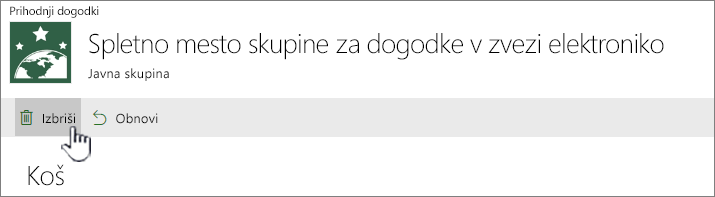 Gumb za brisanje elementa koša v storitvi SharePoint Online