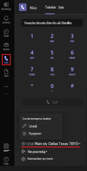 Slika, ki prikazuje številčnico v aplikaciji Teams z rdečim obrezanim poljem »Klici«.