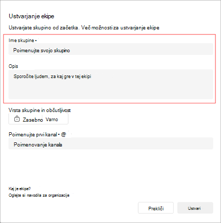 Posnetek zaslona okna za ustvarjanje skupine. Vključuje območje za dodajanje imena, opisa in vrste ekipe. Ustvarite lahko tudi ime svojega prvega kanala.