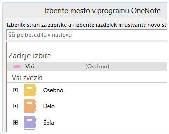 Posnetek zaslona okna OneNota, kjer lahko izberete stran za ustvarjanje Skypovih zapiskov.