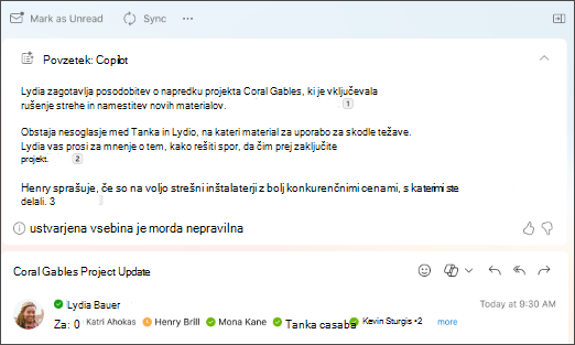 Povzetek niti e-poštnih sporočil s citati, ki ga je ustvarila storitev Copilot