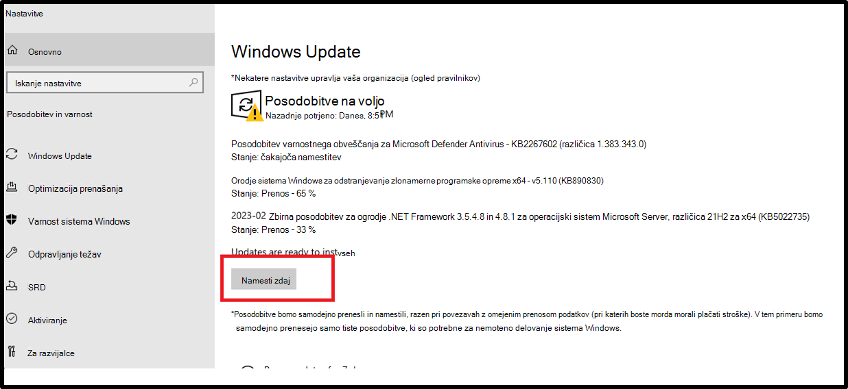 Windows Update uporabniški vmesnik Nastavitev