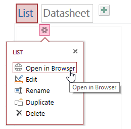 Popup menu displaying Open in Browser, Edit, Rename, Duplicate, and Delete